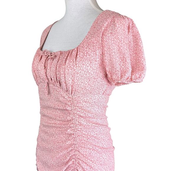 Native Daughters Red Pink Micro Floral Print Babydoll Ruched Dainty Mini Dress - Picture 5 of 10